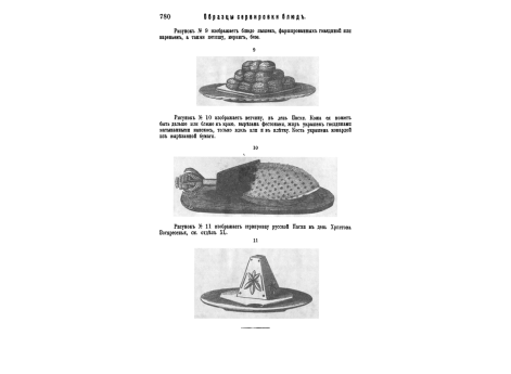 Образцы сервировки блюд. Рисунок №9. Блюдо пышек, фаршированных говядиной или вареньем, а также петишу, меринги, безе. Рисунок №10. Ветчина в день Пасхи.  Рисунок №11. Сервировка русской Пасхи в день Христова Воскресенья.
