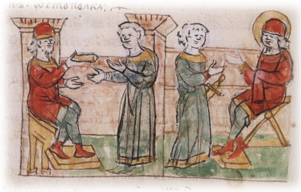 Посылка гонца Ярославом Владимировичем к брату Глебу с известием о смерти отца и об убийстве Святополком Владимировичем их брата Бориса; получение Глебом печального известия и оплакивание умерших.