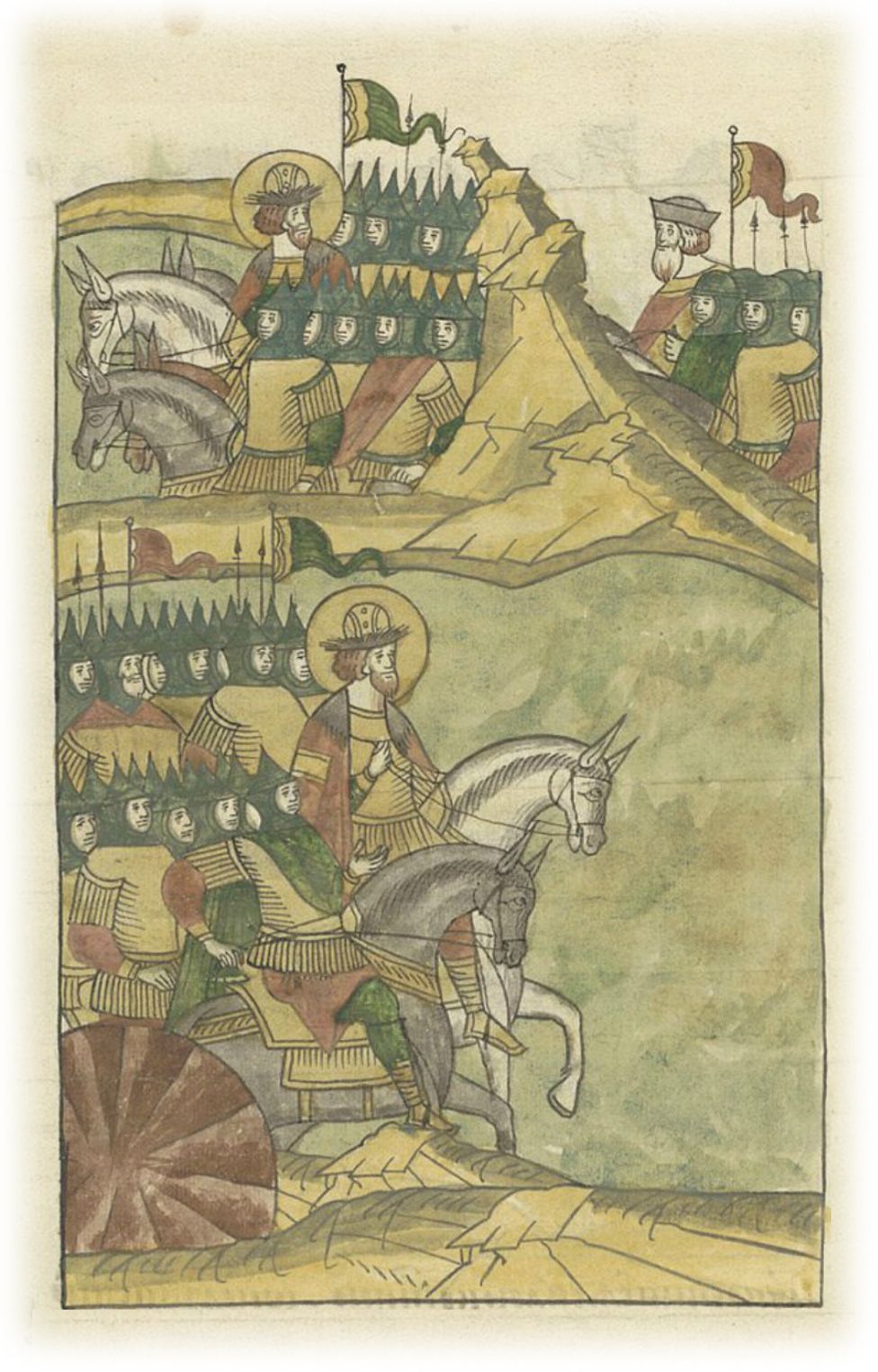 Ледовое побоище. Великий князь Александр Ярославич, увидев немецкое войско, отходит назад на озеро, а немцы и чудь следуют за ним. Князь ставит полки на Чудском озере у Вороньего камня.