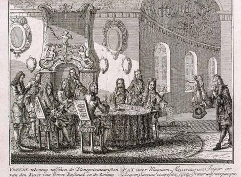 Подписание мирного договора в Ништадте 30 августа 1721 г. Гравюра П. Шенка. 1721 год