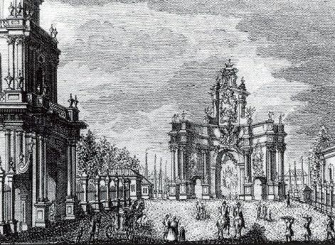 Триумфальные ворота к коронации Екатерины II на Тверской улице у Белого города (архитектор К.И.Бланк). Гравюра по рисунку М.И.Махаева.