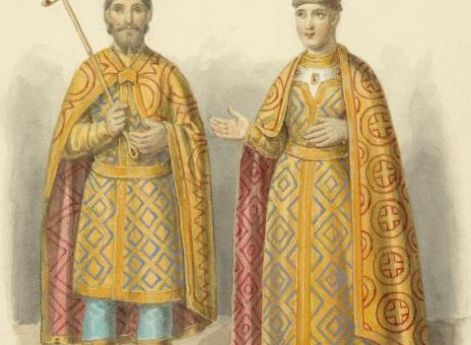 Василий I Дмитриевич и его жена Софья Витовтовна. Изображение на Большом саккосе митрополита Фотия. XIX век