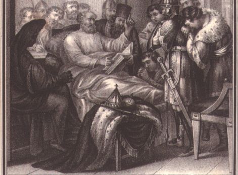 Завещание Владимира Мономаха детям, 1125 год. Литография по рисунку художника Бориса Чорикова. 1836 год