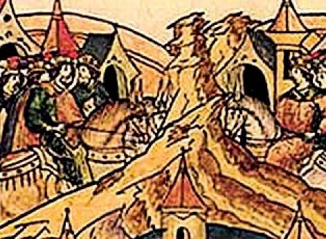 Миниатюра Лицевого летописного свода. XVI век. Встреча суздальского князя Юрия Долгорукого с князем Святославом в Москве