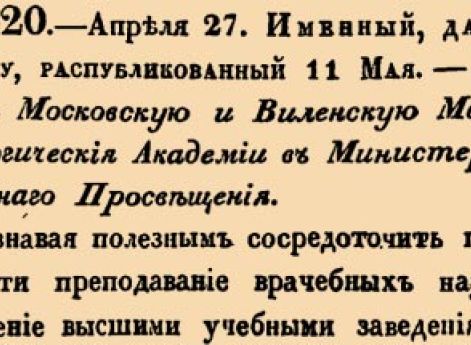 О передаче Московскую и Виленскую Медико-Хирургическия Академии в Министерство Народнаго Просвещения.