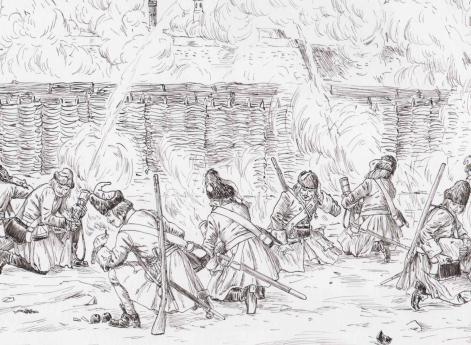 Гренадеры солдатских полков с ручными мортирками при осаде шведской крепости. 1704 - 1709 гг.