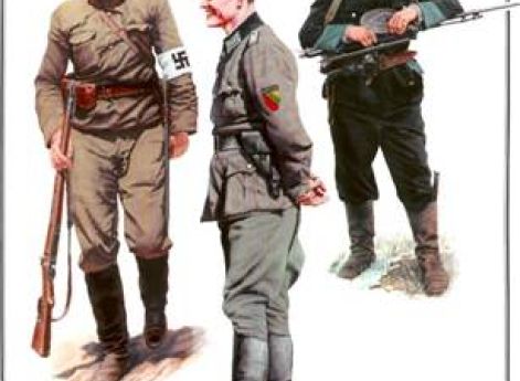 1. Боец литовскойсамообороны, 1941 г. 2. Солдат литовскогополицейского батальона, 1943 г. 3. Лейтенантлитовского строительного батальона, 1944 г.ДробязкоС., Каращук А. Восточные добровольцы в вермахте, полиции и СС. М., 2000. С. 24– 25.