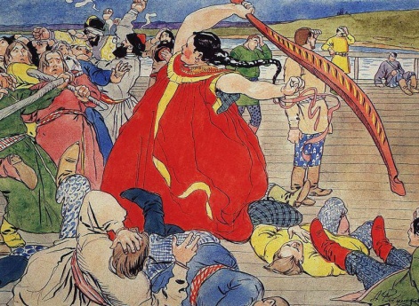 Девушка-чернавушка побивает мужиков новгородских (Эскиз иллюстрации к былине о Василии Буслаеве для журнала «Шут»)