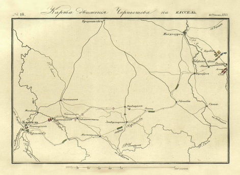 Карта движения Чернышева на Кассель