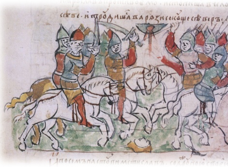 Ожесточенное сражение во время грозы войск Мстислава Владимировича Тмутараканского с войсками Ярослава Владимировича Киевского и его союзниками-варягами.