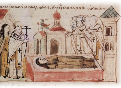 Погребение Исакия игуменом Печерского монастыря Иоанном и братией.