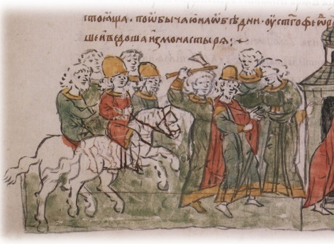 Попытка Владимира Мстиславича Городецкого опередить мятежных жителей и предотвратить убийство; захват киевлянами князя-инока Игоря Ольговича в церкви; вывод Игоря из монастыря