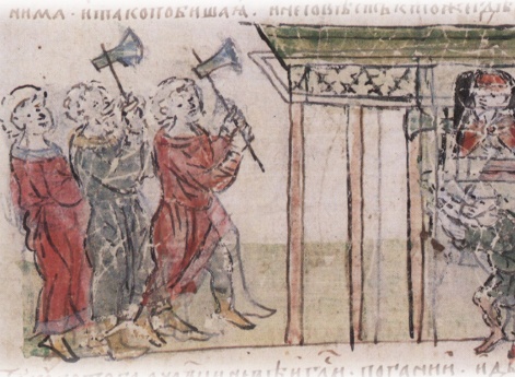 Разгром язычниками сеней в доме, где укрывался варяг-христианин с сыном, и убийство их.