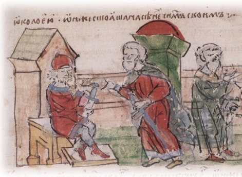 Вручение князем мечнику грамоты на жертвоприношение; отказ варяга христианина выдать сына для принесения в жертву