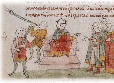 Совет галицких бояр с юным князем Ярославом Владимировичем Галицким при получении известия о походе на Галич Изяслава Мстиславича Киевского.