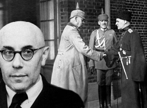 Портрет Семена Семеновича Дукельского на фоне фотографии встречи гетмана Скоропадского с фельдмаршалом Паулем фон Гинденбургом в 1918 г.