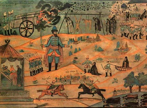 Изображение расправы воеводы Мещеринова с участниками Соловецкого восстания 1668-1676 гг.