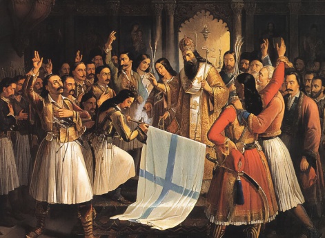 Епископ Герман благословляет знамя восставших в монастыре Агиа Лавра