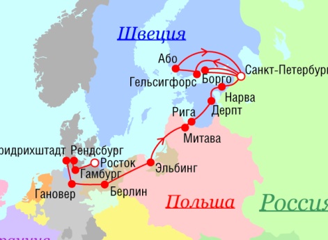 Маршрут поездок Петра I - 1713 г.