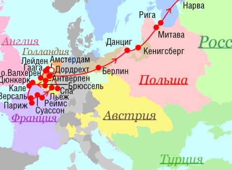 Маршрут поездок Петра I - 1717 г.