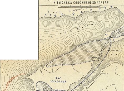 Кампания 1915 года. Азиатско-Турецкий театр. Дарданельская операция (период март-август). А. Дислокация турецких частей к 25 марта и высадка союзников 25 апреля