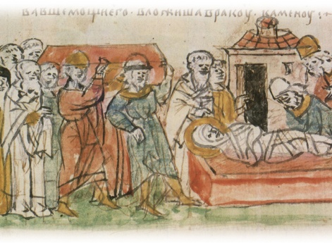 Перенесение мощей св. Бориса Изяславом Ярославичем Киевским, Святославом Ярославичем Черниговским и Всеволодом Ярославичем Переяславским с духовенством; переложение мощей из деревянной раки в каменную