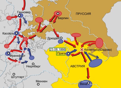 Австро-прусско-итальянская война 1866 г. Карта кампаний 1866 г. в Германии и Богемии