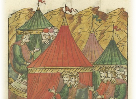 Князь Роман Глебович с братьями по приглашению Всеволода Юрьевича приходят на его сторону реки и садятся в шатре, ожидая самого великого князя.